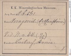 Etiketten zu Aragonit (Erbsenstein) (NHMW-MIN-Ab561)